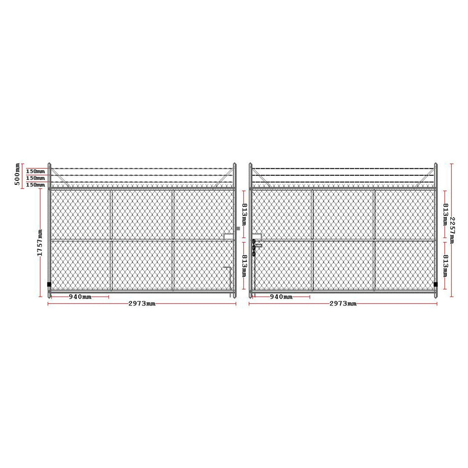 Chain-link 3-Barb Top Security, Vehicle Access Double Gates Galvanised 1800H x 6000W Opening